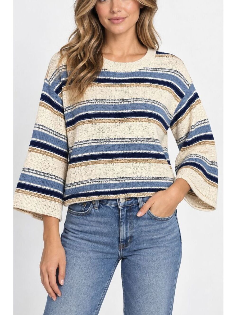 O'Neill Women's XS Striped Knit Sweater Cropped 3/4 Bell Sleeve Cream Blue